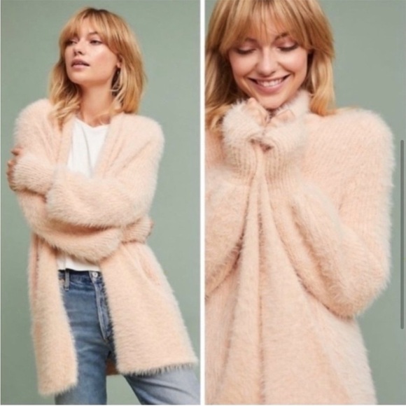 Anthropologie Knitted & Knotted Pink Eyelash Open Front Sweater Cardigan Size XS - Picture 3 of 8